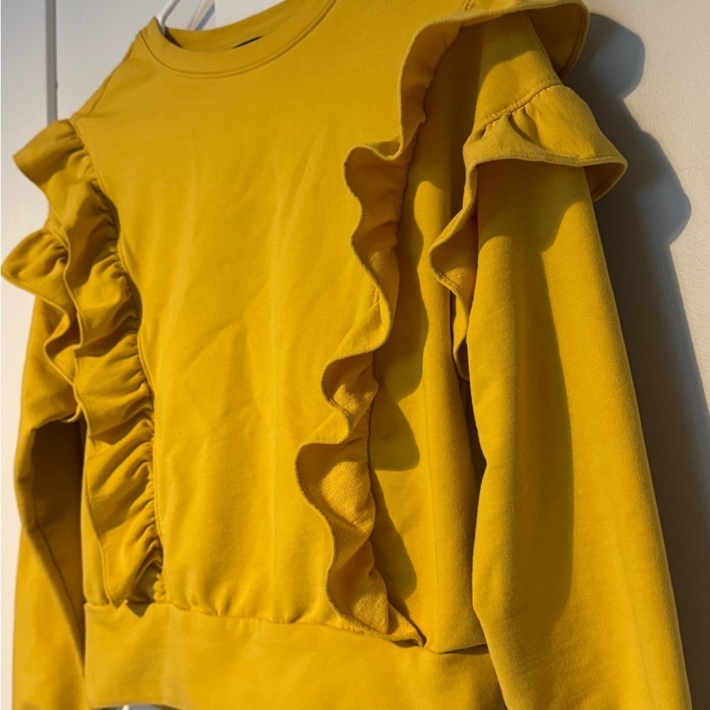 Ann Taylor Petite Mustard Ruffle Sweatshirt XSP Yellow Long Sleeve Top - Picture 5 of 7